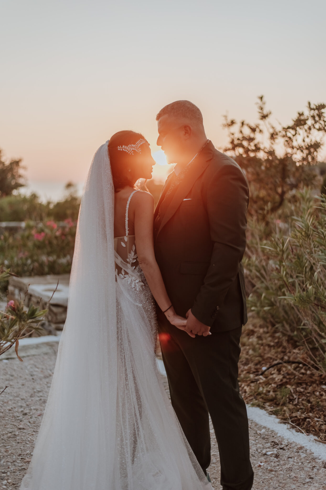 Bride and groom exchanging vows in a scenic Santorini location – destination elopement photography